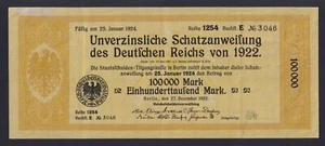 Obligation Du Trésor Empire Allemand 100000 MARK 1922 (1924) SPL+/XF+ - Picture 1 of 2