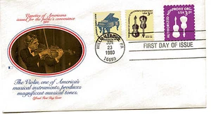 U590 3.5c Nonprofit embossed envelope, violins, Fleetwood, FDC - Picture 1 of 1