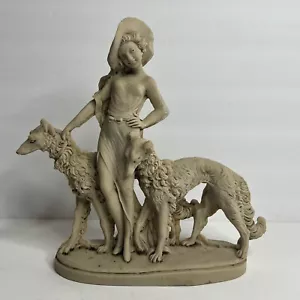 Art Deco Statue Woman With Greyhound Borzoi Dogs Mid Century Modern Marble Dust - Picture 1 of 10