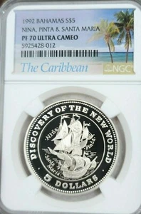 1992 BAHAMAS SILVER 5 DOLLARS NINA PINTA SANTA MARIA NGC PF 70 ULTRA CAMEO POP 1 - Picture 1 of 4