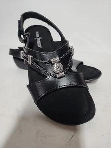 Minnetonka Silvie Sandals 70033 Womens 6 Pewter Black Leather Slingback Wedges - Picture 1 of 10