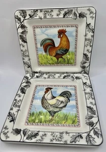 I Galletti Rooster Plates Italy Square Black Leaves Cottage Country Farm 2 Set - Picture 1 of 9