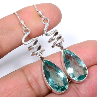 Brinco feito à mão espiral - pedra preciosa apatita azul neon prata esterlina 925 2,07" T - Imagem 1 de 4