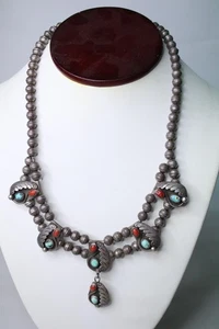 Vtg Navajo Turquoise & Coral Sterling Silver Squash Blossom Necklace 43.8g 19'' - Picture 1 of 7
