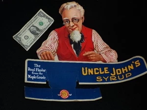 UNCLE JOHN'S SYRUP Cardboard Advertising Die Cut Sign Maple Grove - Picture 1 of 7