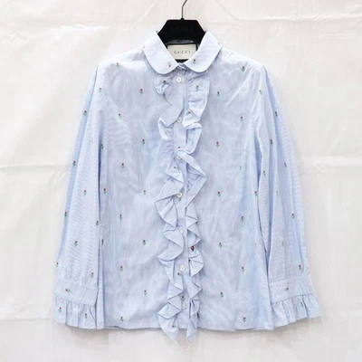GUCCI Hecha en Italia Blusa a Rayas Volantes Algodón Cuello Redondo Bordado Azul Mujer Foto 1 de 4