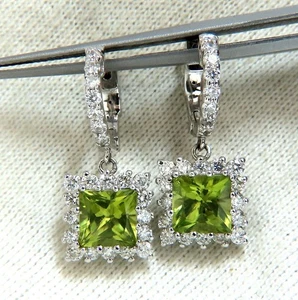 3.68ct Natural Peridot 1.36ct Diamond Dangle Earrings 14 Karat - Picture 1 of 4