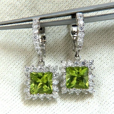 3.68ct Natural Peridot 1.36ct Diamond Dangle Earrings 14 Karat - Image 1 of 4