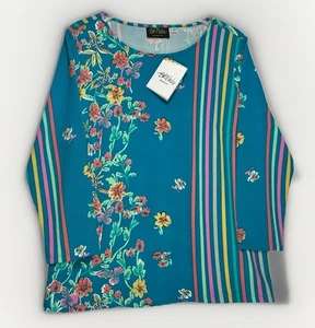 Top donna Bob Mackie Wearable Art taglia L manica lunga turchese righe floreali nuovo con etichette - Foto 1 di 8