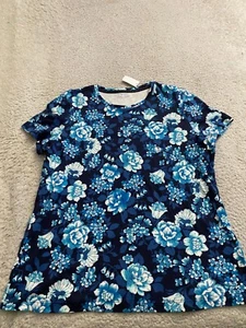 Laura Scott Women Floral Short Sleeve Crew Neck T-Shirt Blue Size L - Picture 1 of 9
