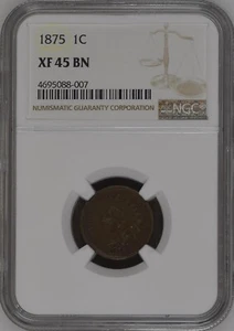 1875 Indian Head Cent Coin - NGC XF-45 Brown - Picture 1 of 2