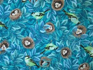 BIRDS ROBINS IN NEST EGGS CANARY BLUE BIRDS COTTON FABRIC FQ OOP - Picture 1 of 4