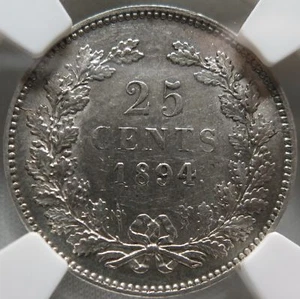 NETHERLANDS 25 cents 1894 NGC AU 55 UNC Young Queen Wilhelmina Silver Holland - Picture 1 of 3