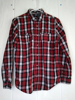 Shaun White Boys L Red Black Long Sleeve Plaid 100% Cotton Button Front Shirt - Image 1 of 4