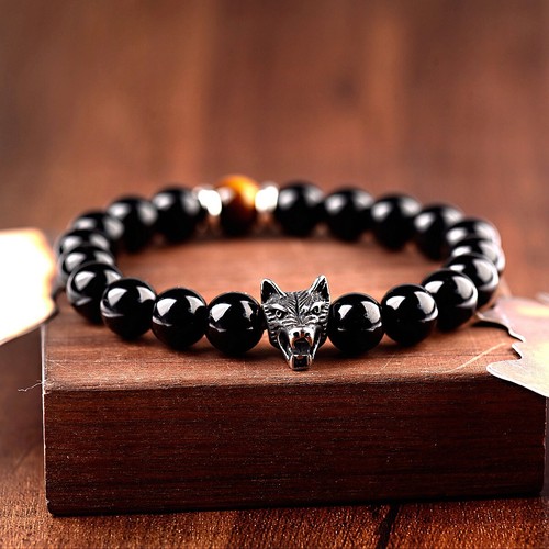 VALENTINO Bracciale lupo gotico punk naturale ossidiana nera pietra mappa bracciali Buddha regalo