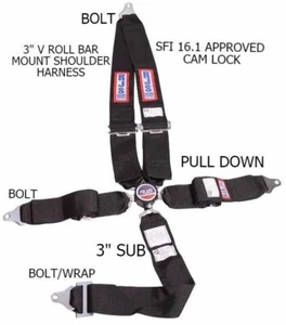 RJS SFI 16.1 CAM LOCK 5 POINT RACING HARNESS BELT V ROLL BAR BOLT BLACK 1030101 - Picture 1 of 4
