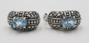 Vintage Huggie Style Sterling Marcasit & blau Topas Ohrringe für durchbohrte Ohren - Bild 1 von 7