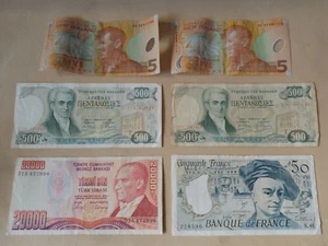 SIX FOREIGN BANKNOTES,PAPER MONEY,NEW ZEALAND,TURKEY,GREECE,FRANCE,CIRCULATED,VG - Picture 1 of 14