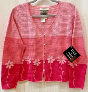 Curio Pinks Womens Large Knitted By Hand Floral Pattern Cardigan Sweater - Picture 1 of 8