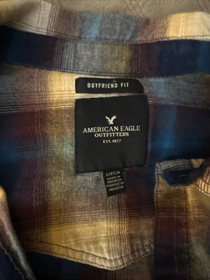 American Eagle Ahhmazingly Soft Blue Purple Boyfriend Fit Plaid Flannel Size S - Image 1 of 4