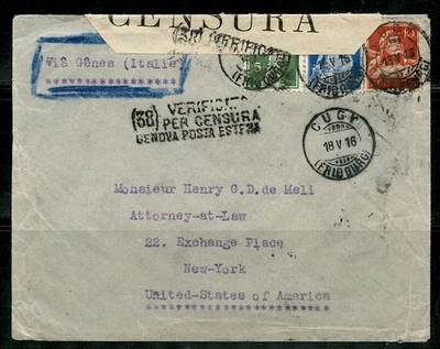 1916 ITALY CENSOR CVR wVERIFICA PER CENSURA GENOVA POSTA ESTENA to SWITZ mld U.S - Image 1 of 4