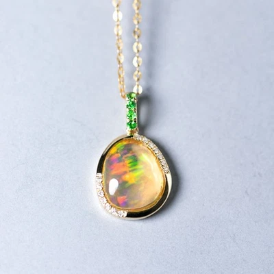 Elegant Mexican Fire Opal, Diamond Tsavorite Pendant Necklace 18K Yellow Gold - Image 1 of 4