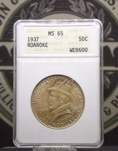 1937 Commemorative *ROANOKE* Half Dollar 50c Old ANACS MS65 #WE8600 Gem BU ECC&C - Picture 1 of 5