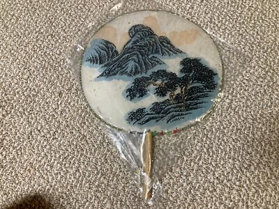 Vintage Handmade Hawaii Hand Crafted Wooden Paper Hand Fan 1970s? Blue - Image 1 of 4