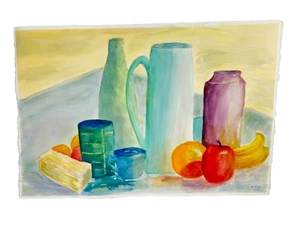 Painting by Artist S. Chalet 22x15 Colorful Still Life Vases Cups Fruit Pitcher - Picture 1 of 5