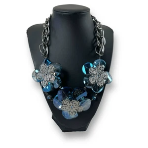 Artisian Oversized Rhinestone Crystal Flower Statement Necklace Blue Fairycore - Picture 1 of 7