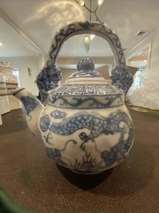 Vintage Chinese Porcelain Blue White Teapot Dragon 6 Character Small 6.5” Tall - Picture 1 of 14