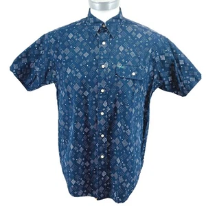 Tommy Hilfiger Mens Sz L Blue Polkadot Button Front Short Sleeve Shirt Flag U4 - Picture 1 of 8