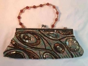 Copper, Brown and Green Beaded and Sequined Evening Bag with Brown Bead Handle - Picture 1 of 3
