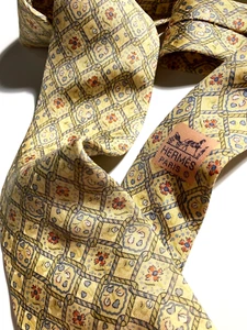 HERMES VINTAGE FLOWER GARDEN TIE GRIDS PLANT NATURE HIGH END FRANCE YELLOW - Picture 1 of 15