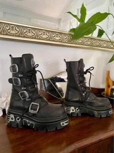 New Rock M.373-S4 Metallic Boots Black 100% Leather Goth Biker Emo Fashion - Picture 1 of 4
