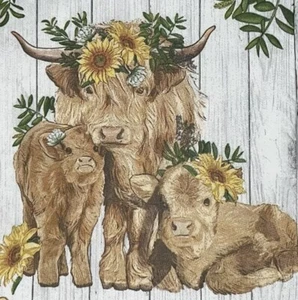 TWO Individual Dinner Decoupage Art Craft Fall Napkins Highland cow- sunflowers - Picture 1 of 7