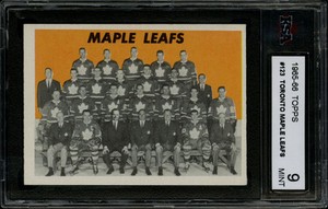 1965-66 TOPPS~#123~TORONTO MAPLE LEAFS TEAM~KELLY CLANCY SAWCHUK~KSA 9 MINT