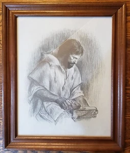 Frances Hook "The Carpenter Drawing Jesus Print" Wood Framed 1981 Rare - Picture 1 of 10