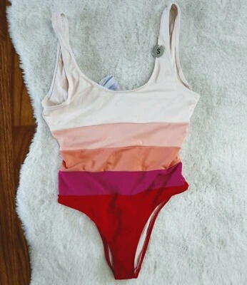 全新 Forever 21 复古连体泳衣 红色 粉色 桃色 条纹 S — 第 1/4 张图片