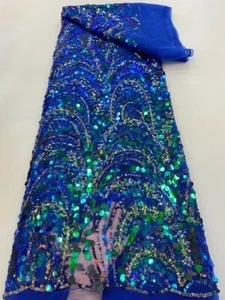 5 yards Blue African FrenchNet Sequins Lace Fabric High-Quality Mesh Lace Bridal - Picture 1 of 1