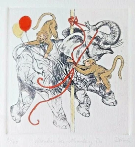 "Monkey See - Monkey Do" Signed & 61/195 by D Kunie "Lithograph" 9.75"x9.75" Art - Picture 1 of 8