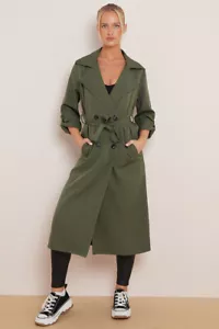 New Women Khaki Longline Double Breast Lightweight Trench Coat & Belt. UK 8-12 - Picture 1 of 17