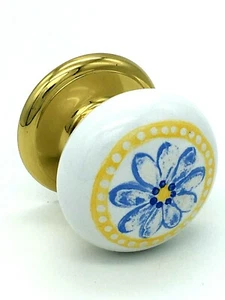 2 x DAISY KNOBS 50mm white ceramic porcelain cupboard knob EB brass bases (812) - Picture 1 of 6
