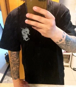 Mens Black T-Shirt Short Sleeve Japanese Pattern Totem Dragon Tattoo Hip-Hop - Picture 1 of 6