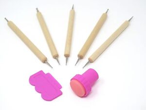 Nail Art Stamping Image Plate 5 Pc Dotting Marbleizing Pen Stamper Scraper Kit