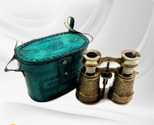 Brass Binocular Antique Brown With Leather Box Engrave Nautical Binoculars - Picture 1 of 7