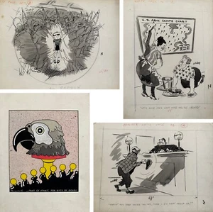 Set of 4: Robert James Carr Dell (R.C. Dell) Cartoon Drawings + Mixed Media Coll - Picture 1 of 5