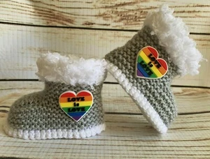 Baby Girl Boy Hand Knitted Crochet Booties Boots Pride Love Is Love 0-12M LGBTQ - Picture 1 of 4