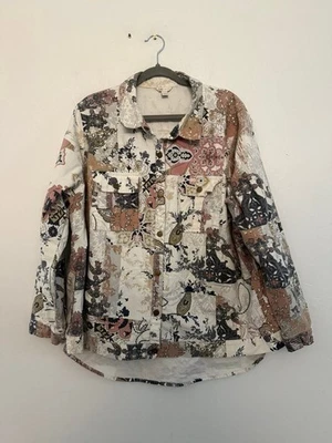Chaqueta Bohemia Cato Abstracta Floral 22/24W Talla Grande Algodón Blanco Abotonada Foto 1 de 4