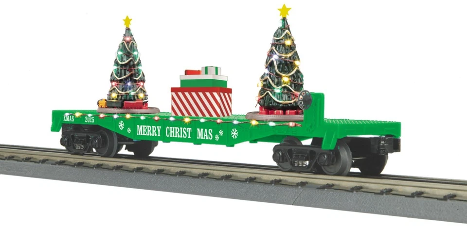 MTH RAILKING 30-76943 CHRISTMAS FLAT  CAR W/LIGHTED CHRISTMAS TREES.  NIB - Image 1 of 1